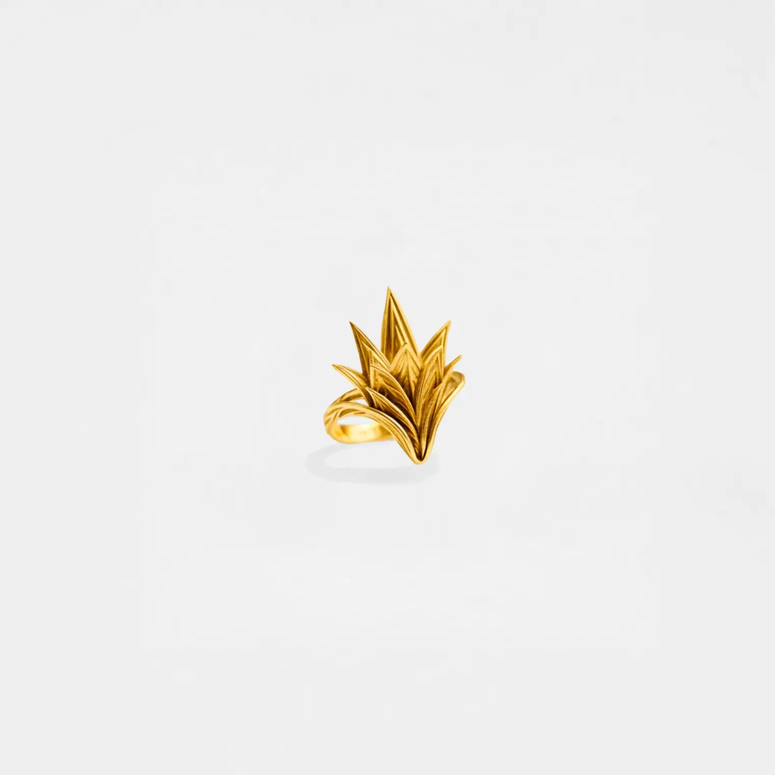 Gold ring with an agave design on a white background