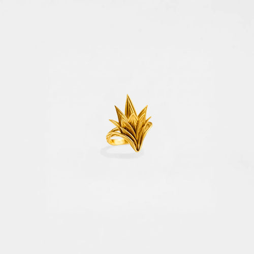 Gold ring with an agave design on a white background