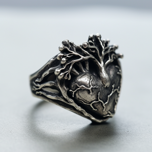 Anatomical heart silver ring for men
