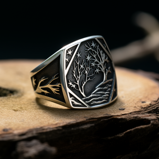 Forest silver ring for men