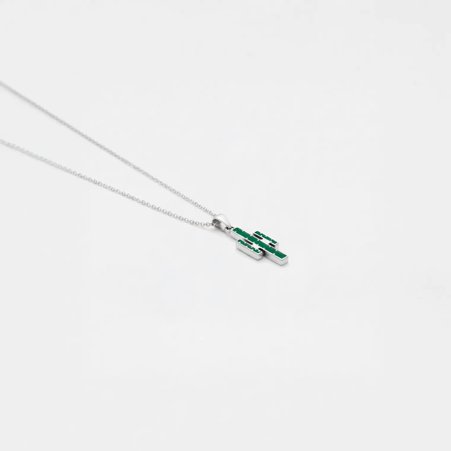 Silver necklace with a cactus pendant on a white background