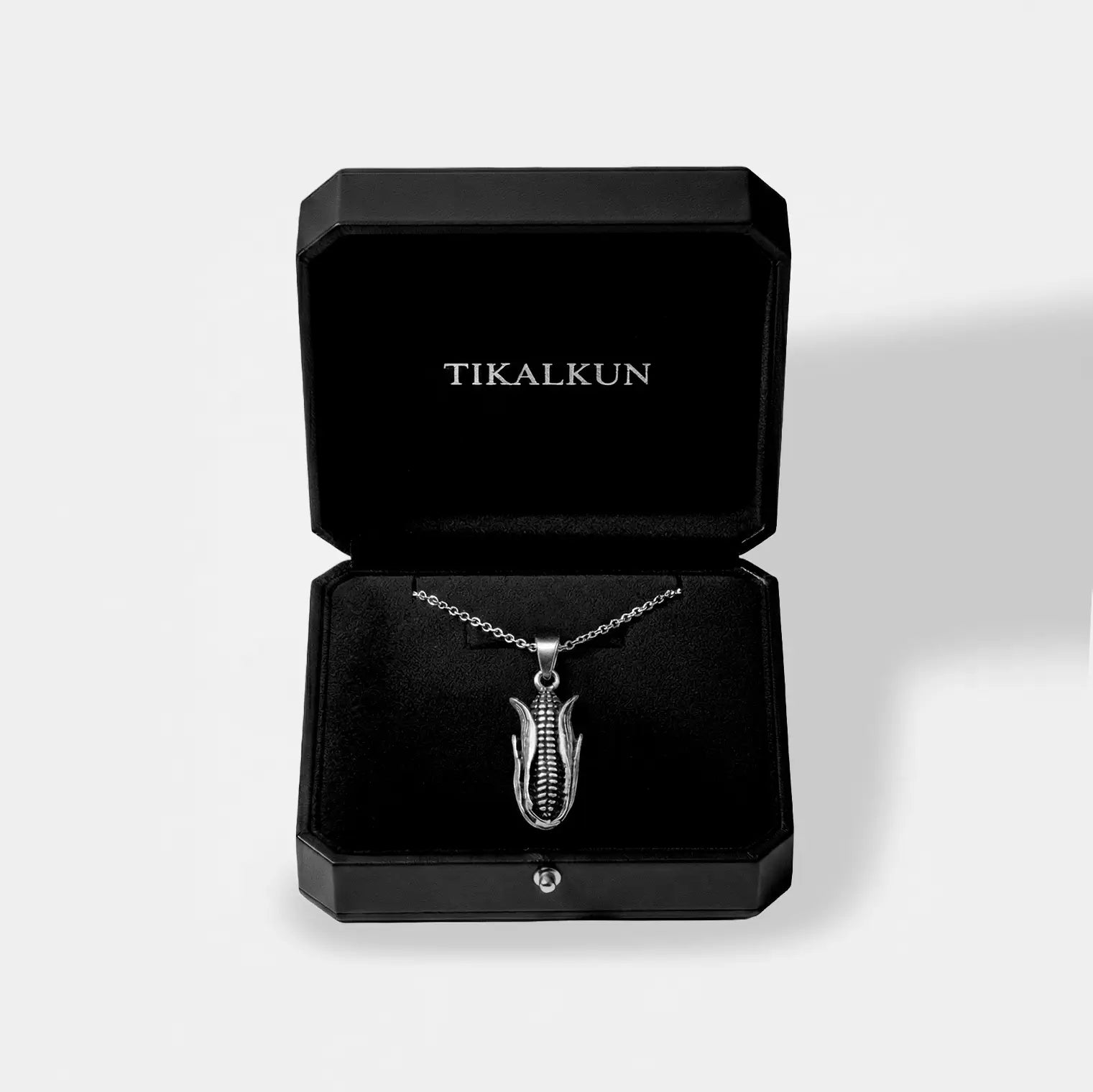 Silver necklace in a black Tikalkun jewelry box on a light gray background