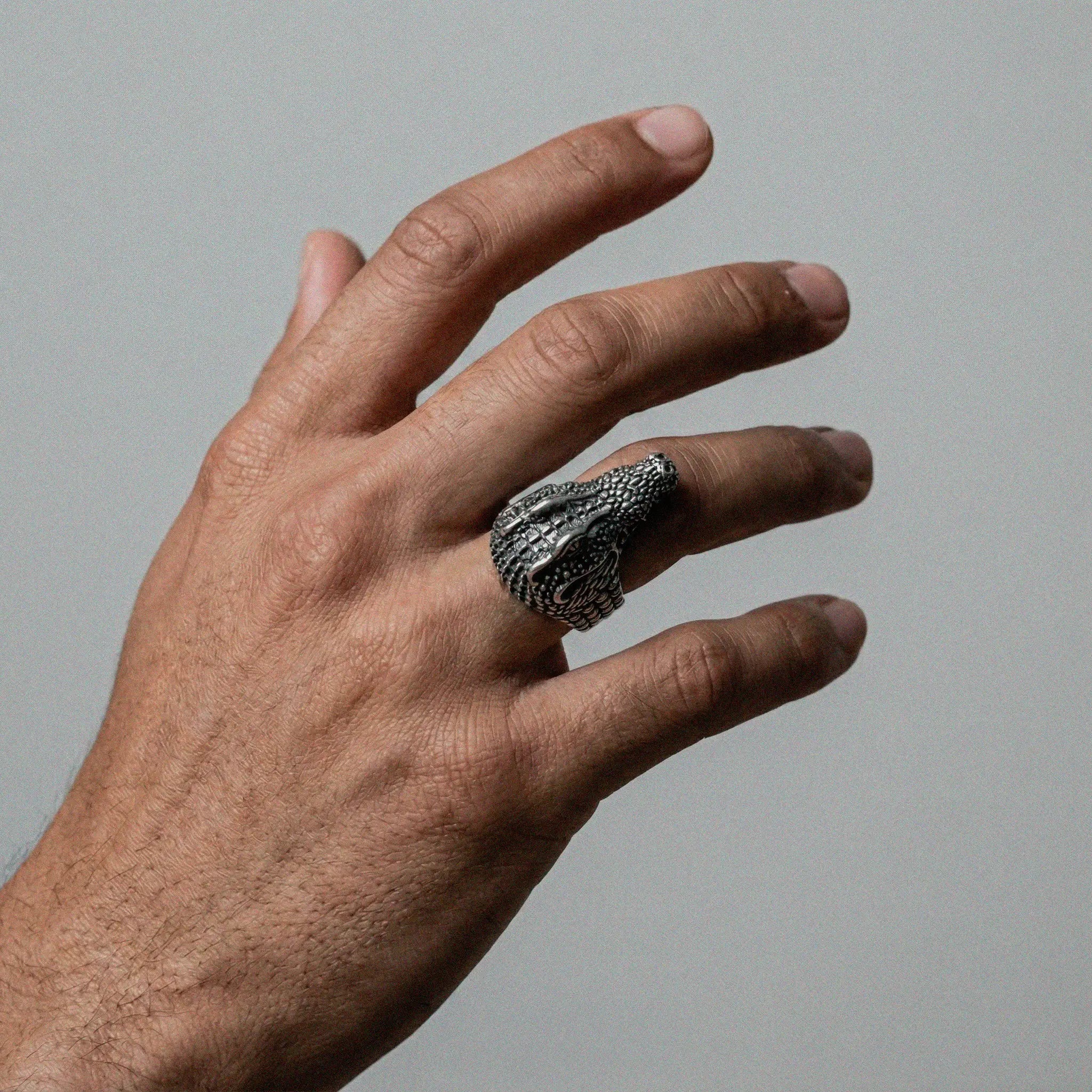 Hand wearing a crocodile silver ring on a plain background