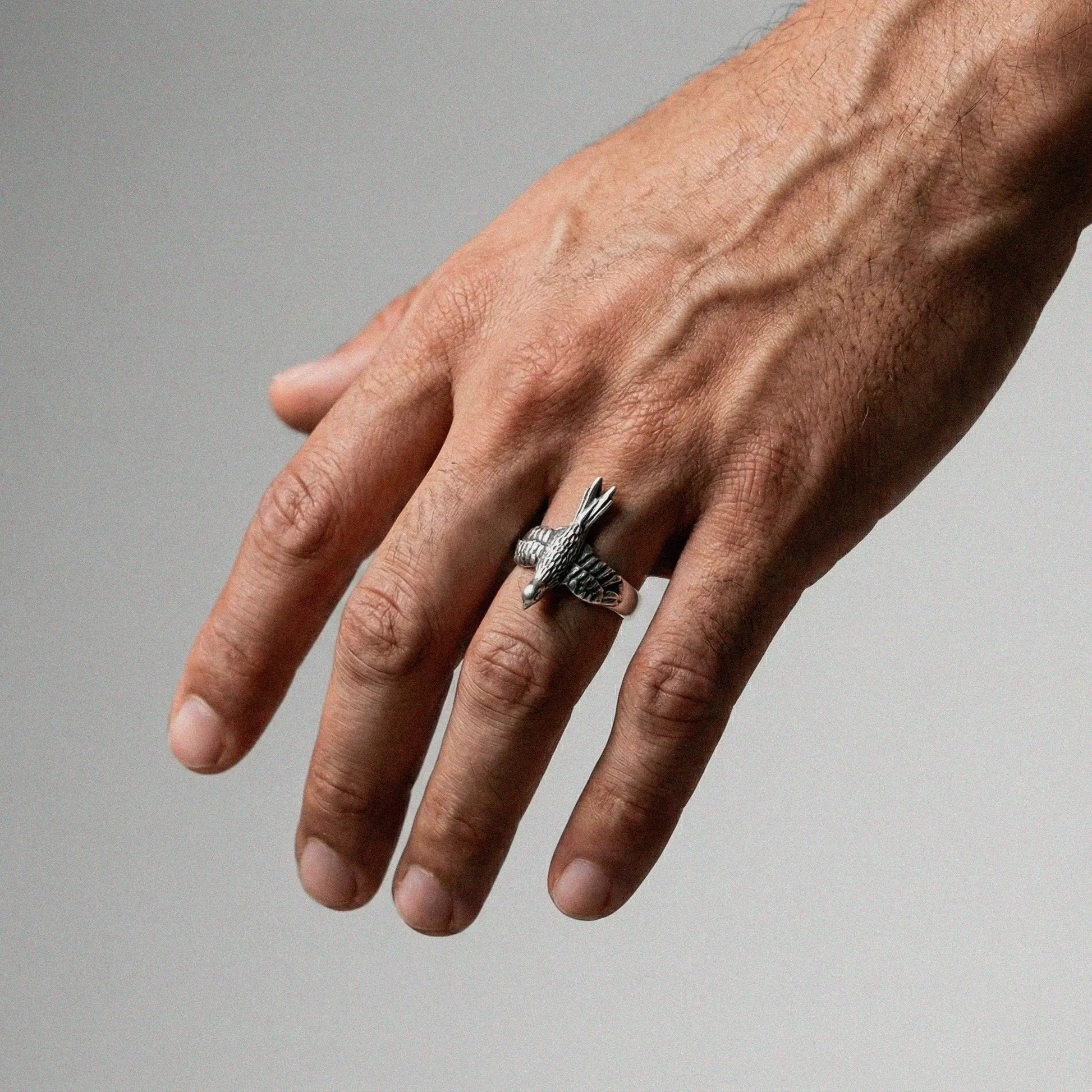 Hand wearing a silver ring with a pigeon design on a gray background