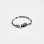Silver chain bracelet with dragon clasp on a light gray background