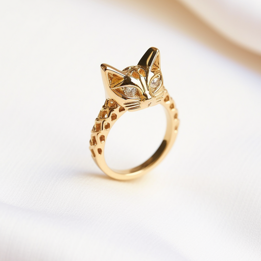 Gold plate silver cat ring with cubic zirconia
