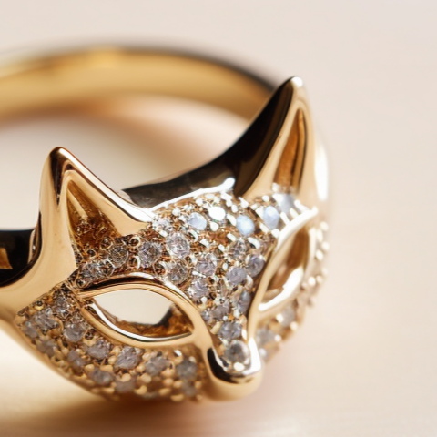 Cat gold ring with stones
