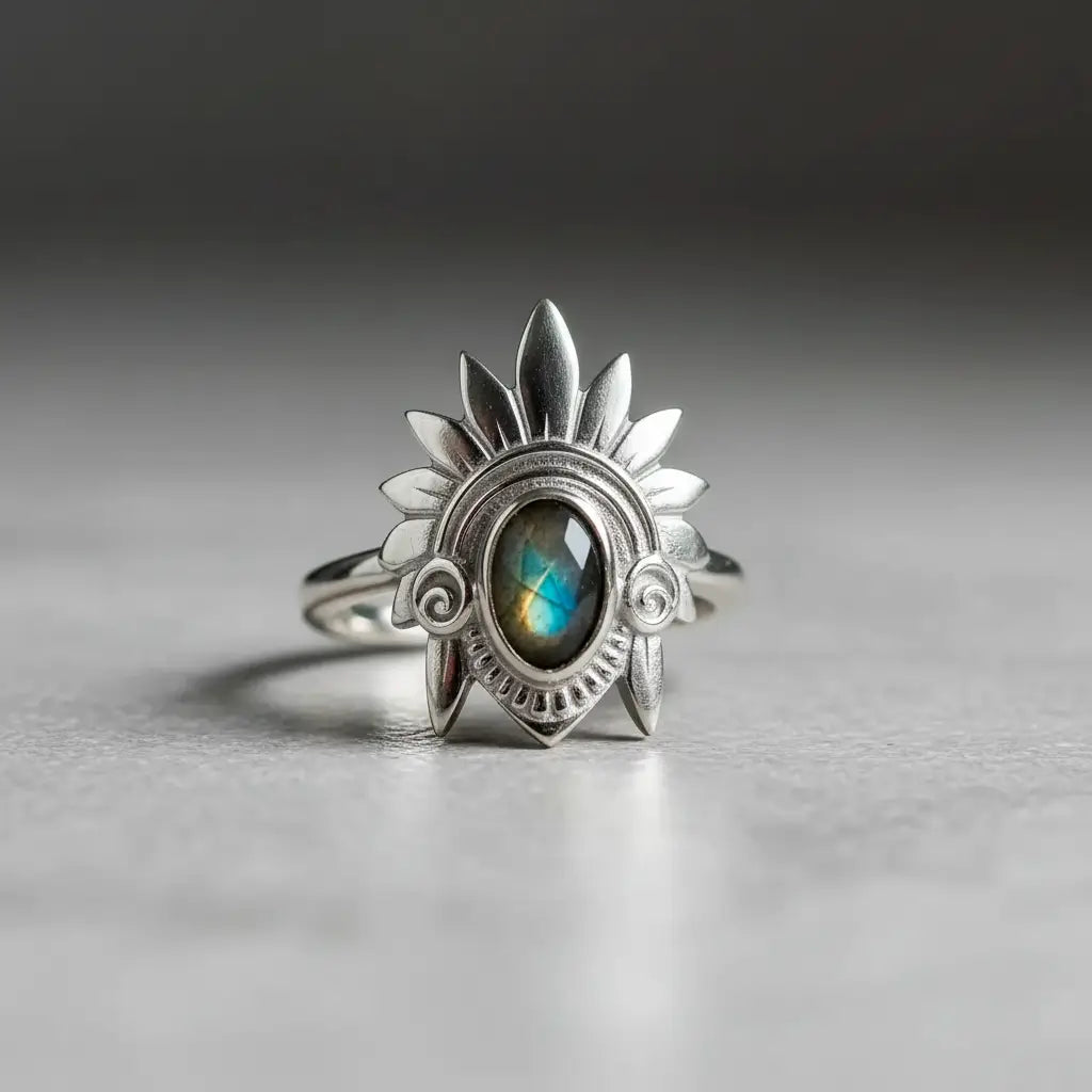 Handcrafted aztec headdress ring with labradorite, sterling silver ring