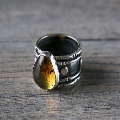 Boho amber silver ring 