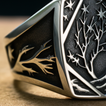 Detailed forest silver ring for men