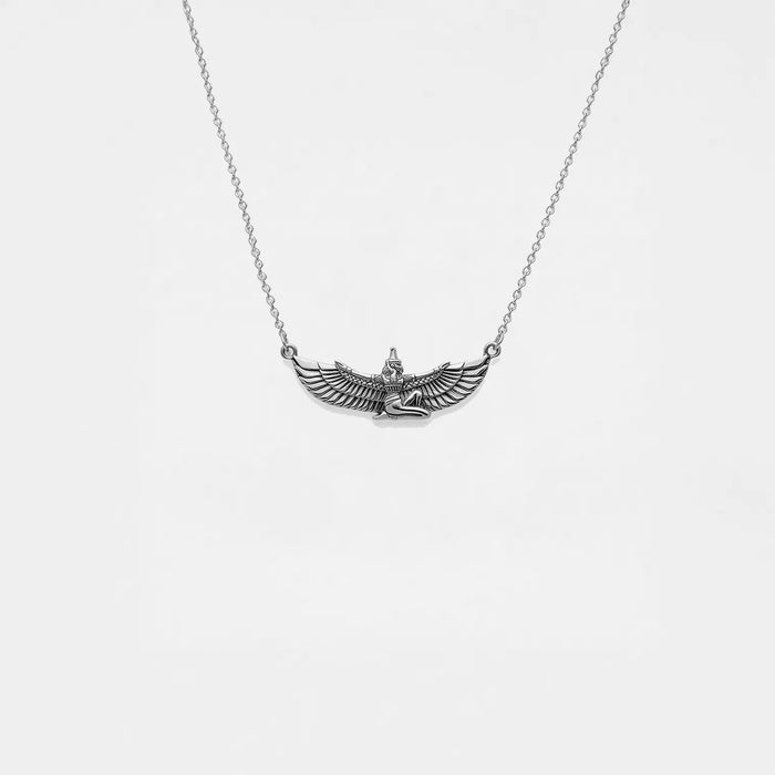 Silver necklace with an egyptian pendant on a white background