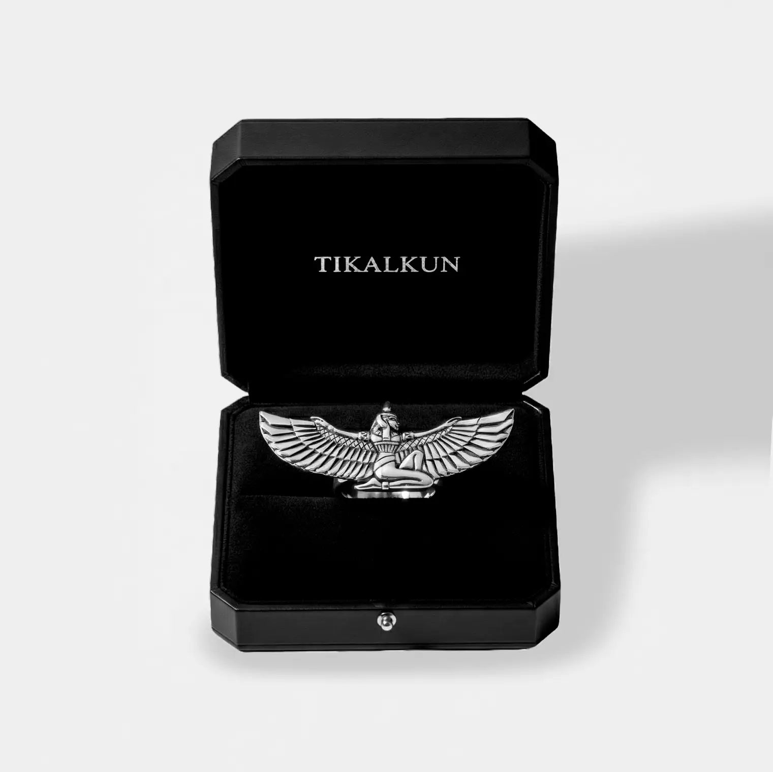 Silver emblem in a black Tikalkun box on a light gray background
