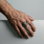 mn's hand weatring a mayan shaman silver ring 
