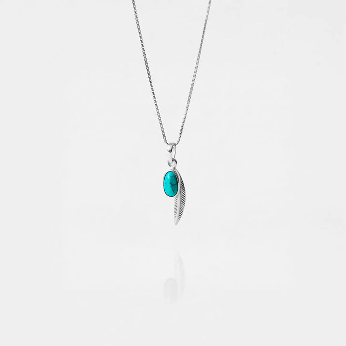 Feather Necklace with a turquoise pendant on a white background