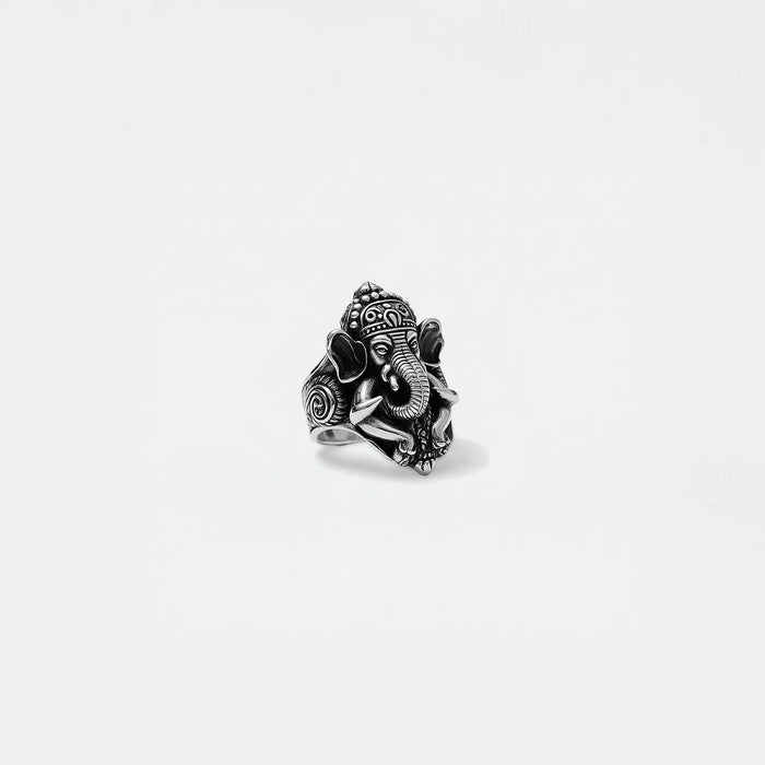 Silver ganesha ring on a white background