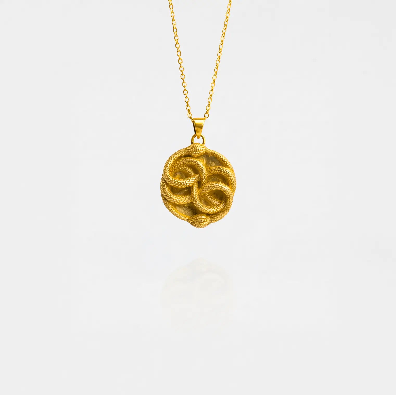Gold necklace with an ouroboros pendant on a white background