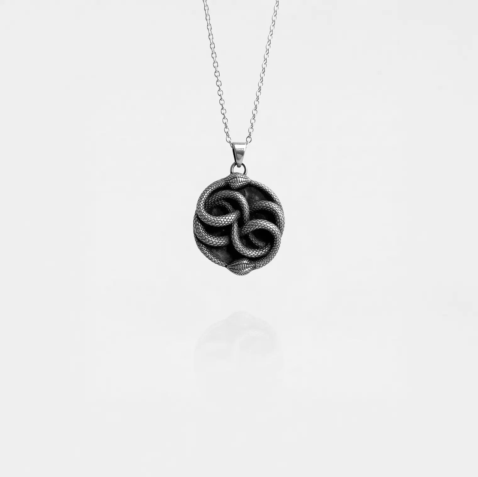 Silver necklace with an ouroboros pendant on a white background