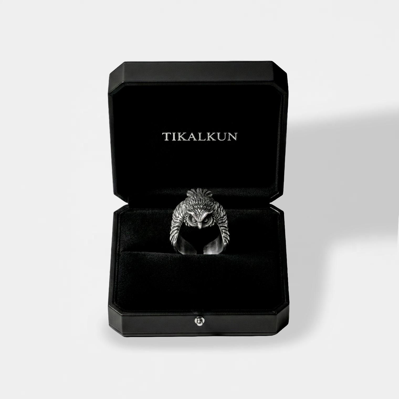owl silver ring inside a TIKALKUN jewelry box