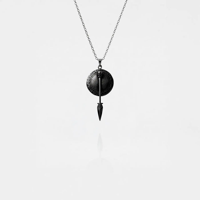 Roman shield and spear pendant necklace on a white background