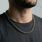 Man wearing a silver chain necklace against a neutral background