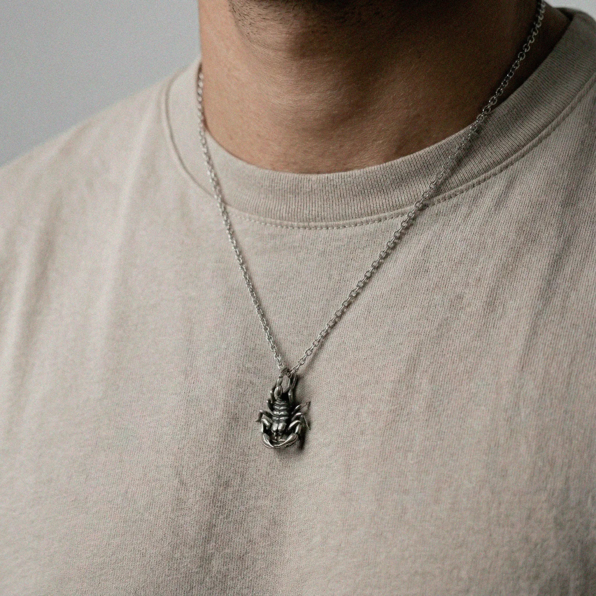 Person wearing a silver necklace with a scorpion pendant on a plain background