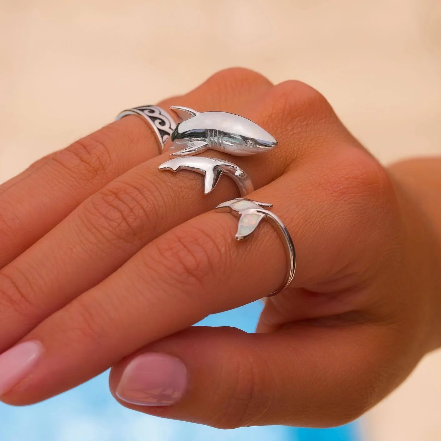 great white shark silver ring