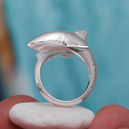 great white shark silver ring