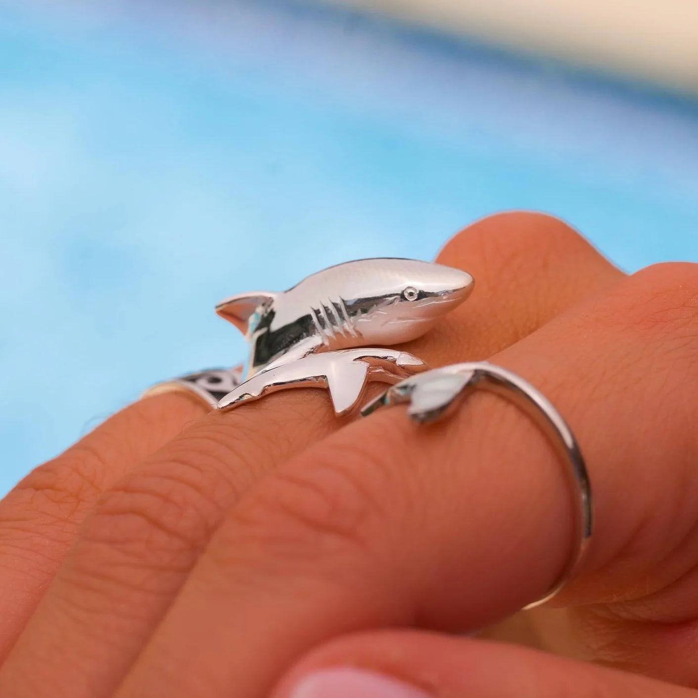 great white shark silver ring