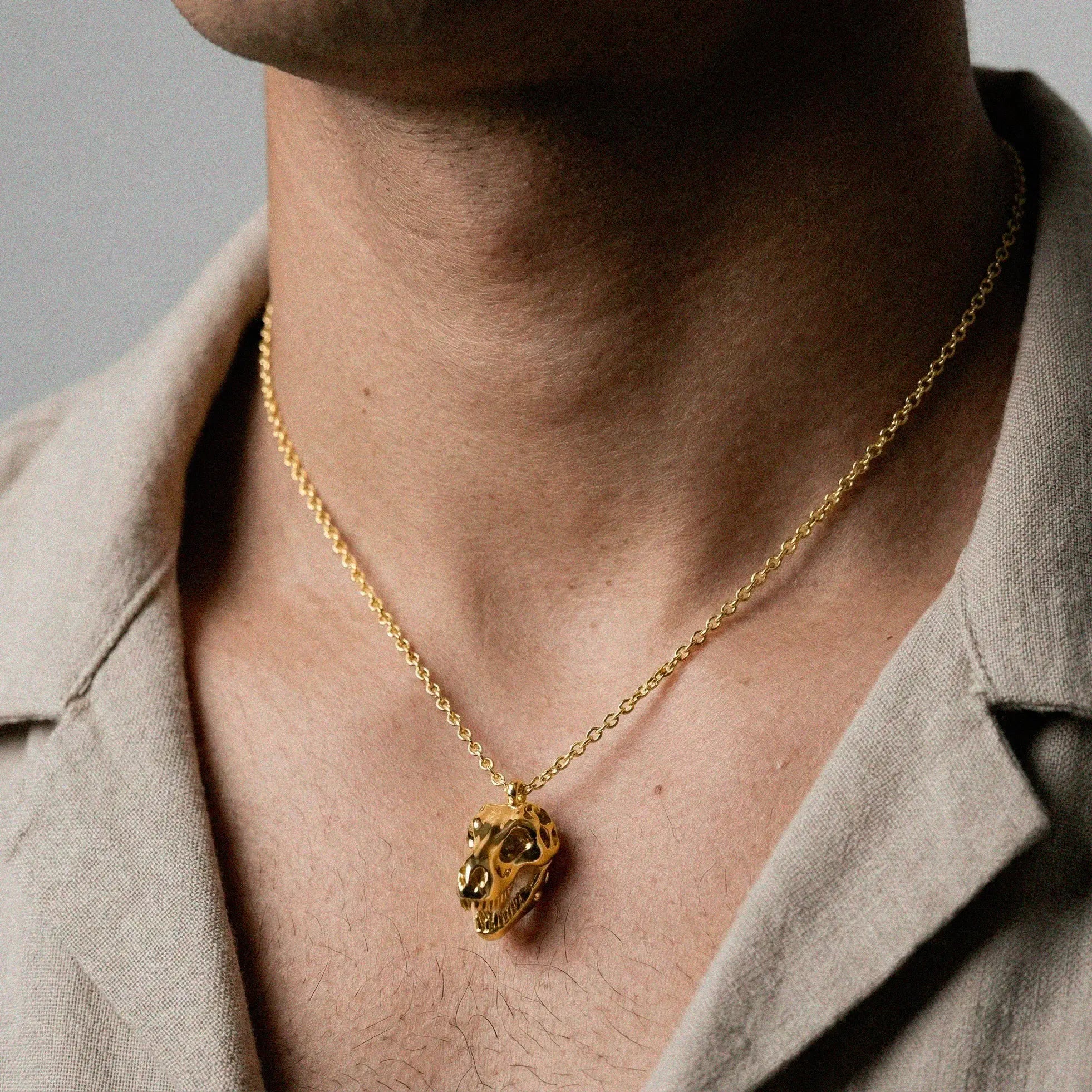 Gold necklace with a t-rex skull pendant worn by a person