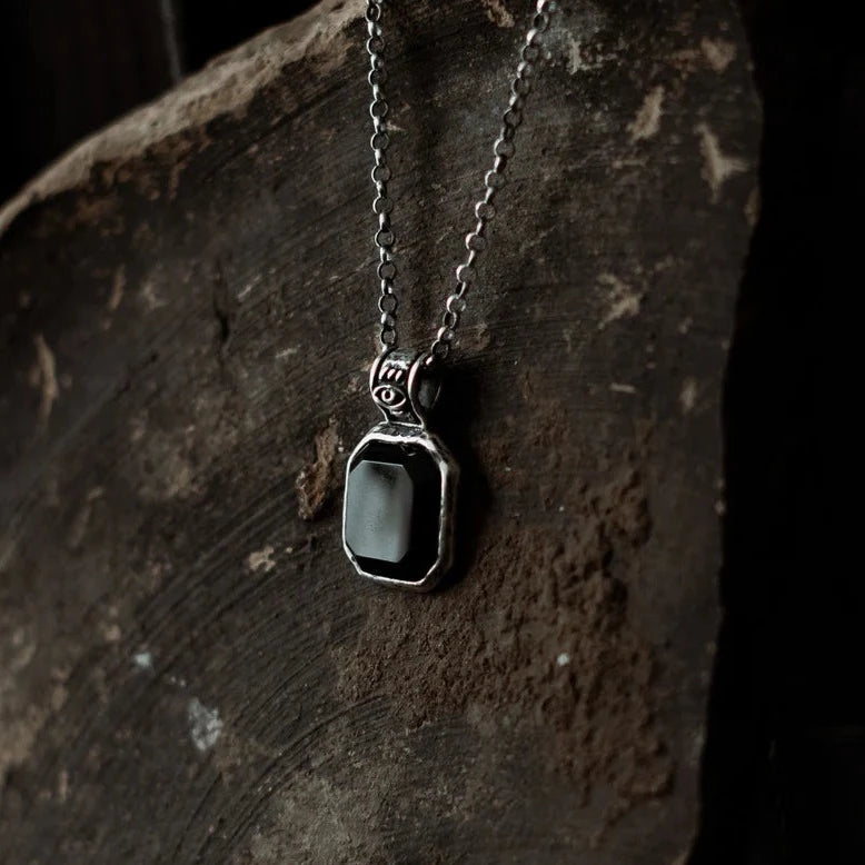 Black onyx square silver necklace