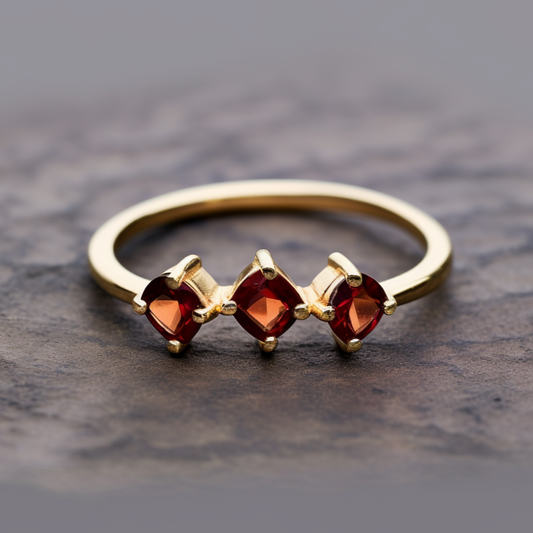 Elegant Three-Stone Red Zirconia Silver Ring with Gold Plating
