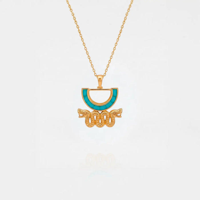 Aztec snake Gold necklace with a turquoise pendant on a white background