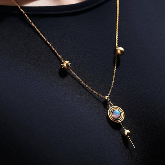 Gold-Plated, Space-Inspired Silver Necklace with Planetary Motifs