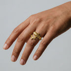Hand wearing a gold whale-shark ring with a detailed design on a plain background