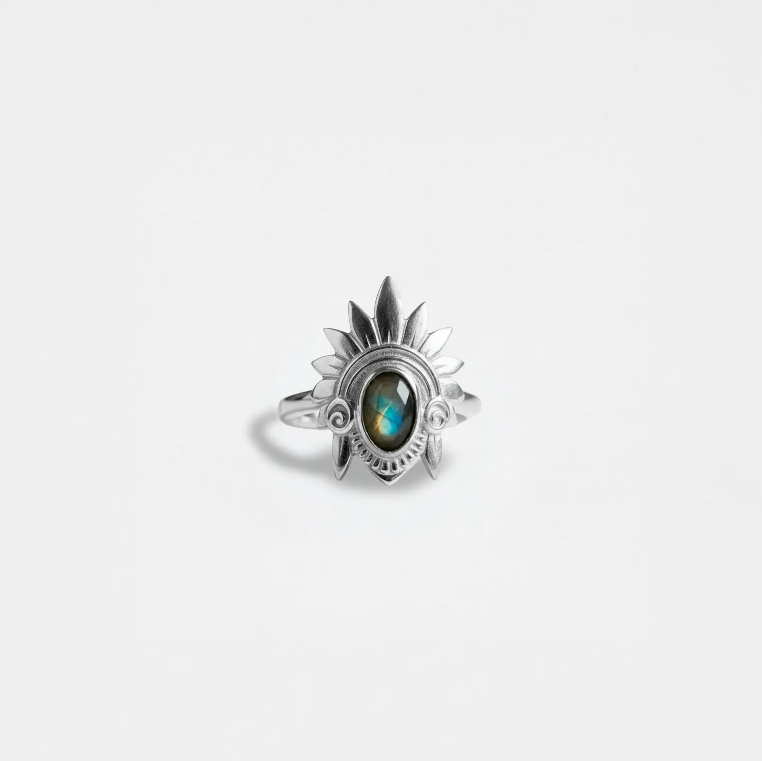 Handcrafted aztec headdress ring with labradorite, sterling silver ring