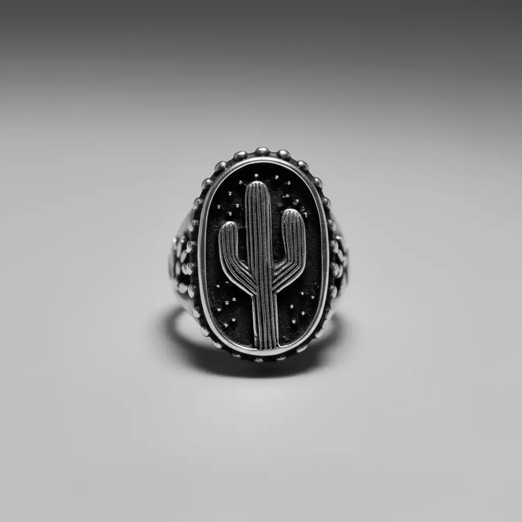 Silver ring with cactus design on a gray background