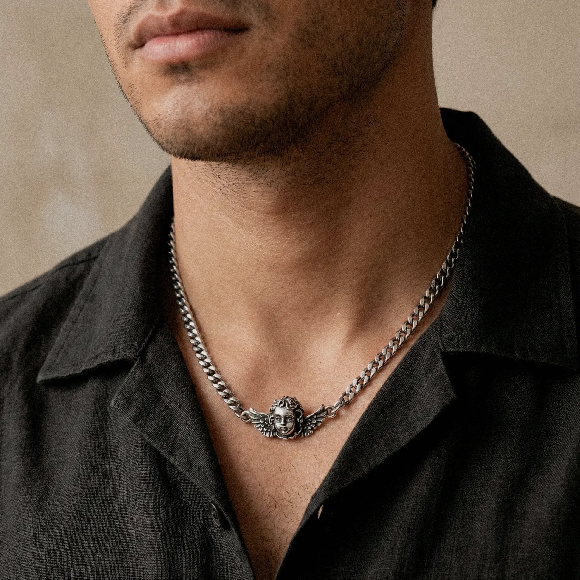 Handcrafted cherub silver necklace for men