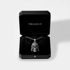 jaguar warrior silver pendant inside leather jewelry box that says TIKALKUN