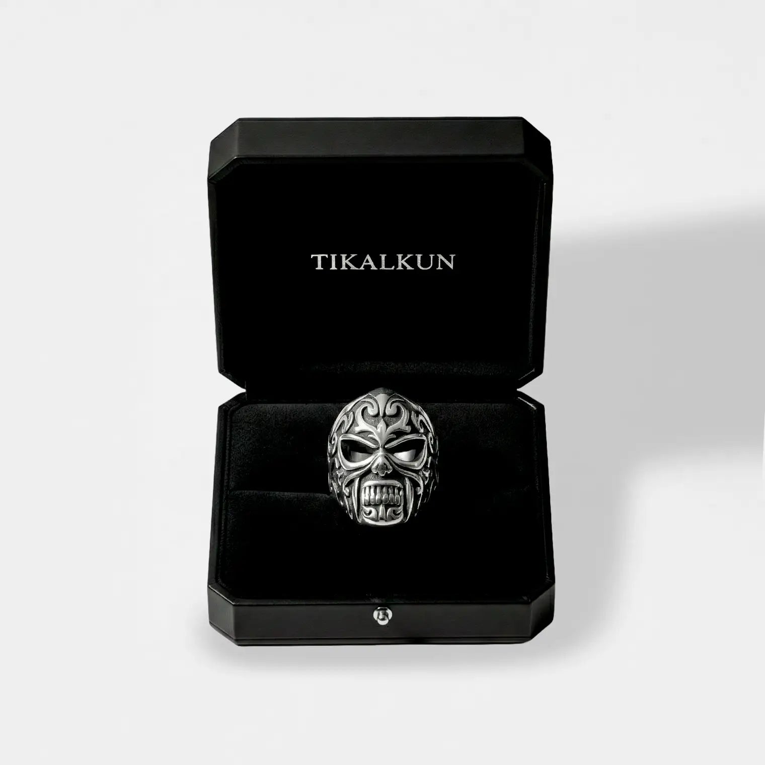 Handcrafted Luchador mask silver ring for men in a black Tikalkun box on a light gray background