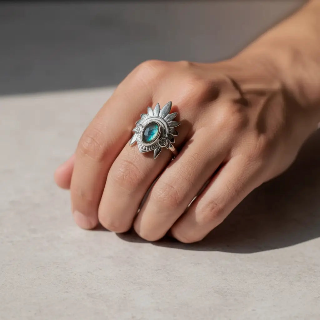 Handcrafted aztec headdress ring with labradorite, sterling silver ring