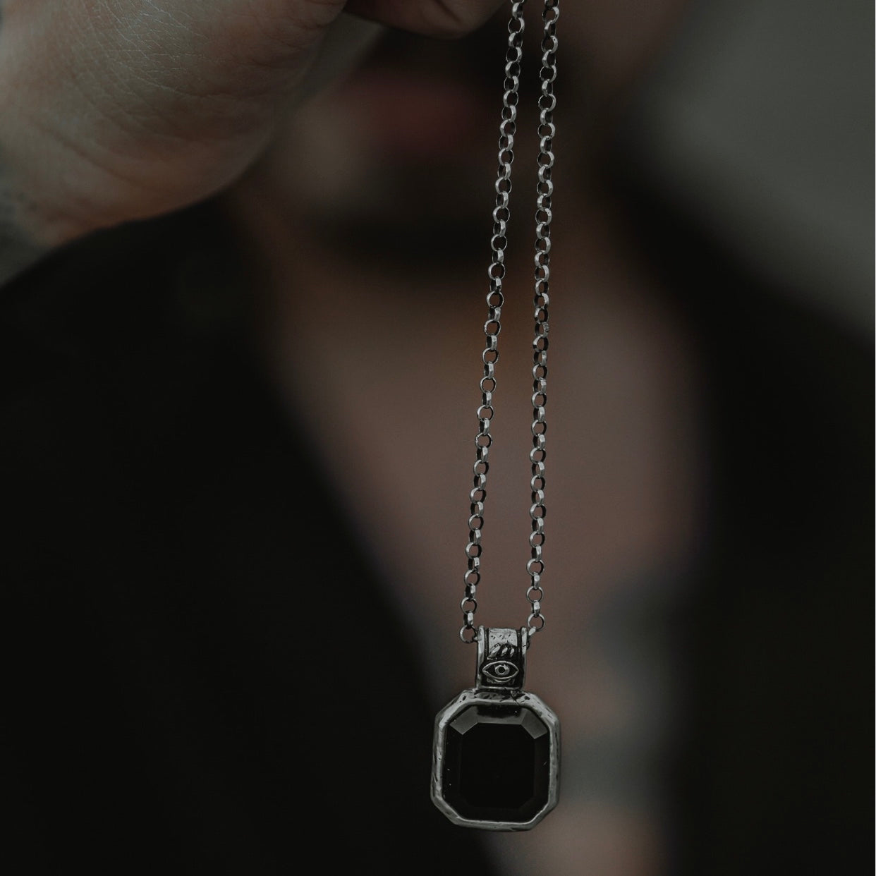 handmadee silver necklace with black onyx for men