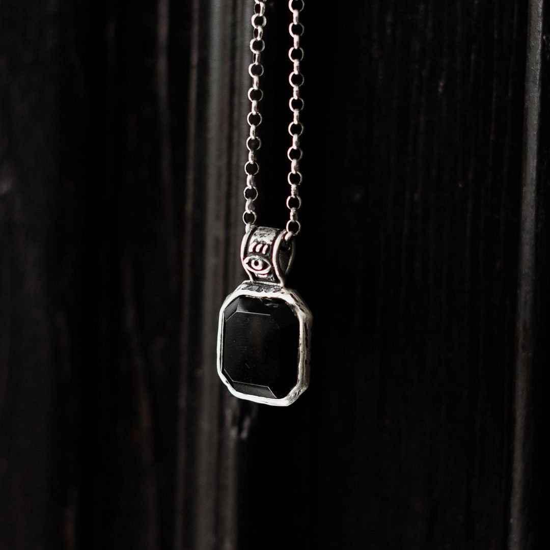 Silver necklace with obsidian for men