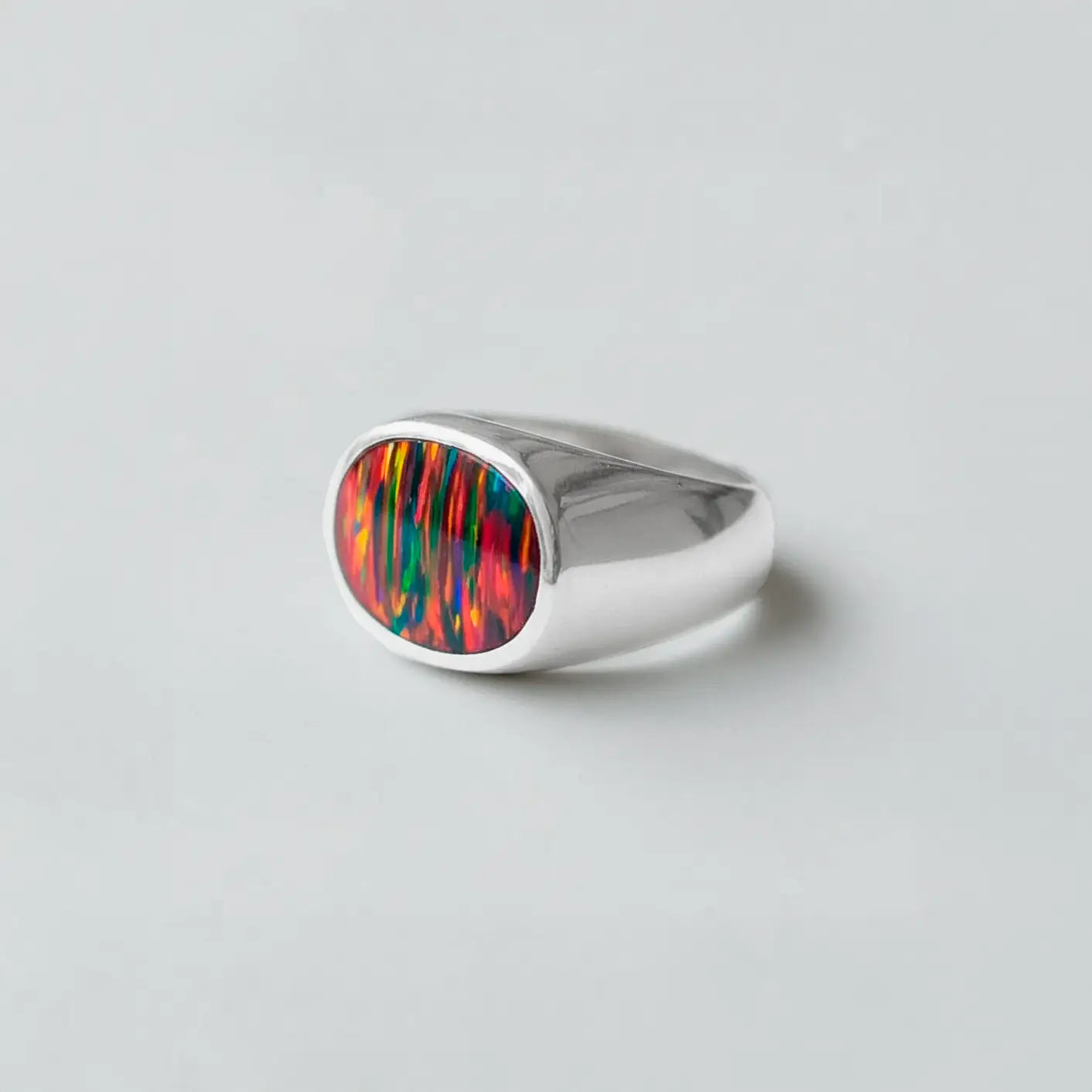 handmade opal fire silver ring for men, gemstone jewelry for men. Inspired in Aztec mythology
