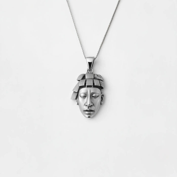 handcrafted pakal mask silver pendant, mayan king necklace for men. Authentic Mayan Jewelry