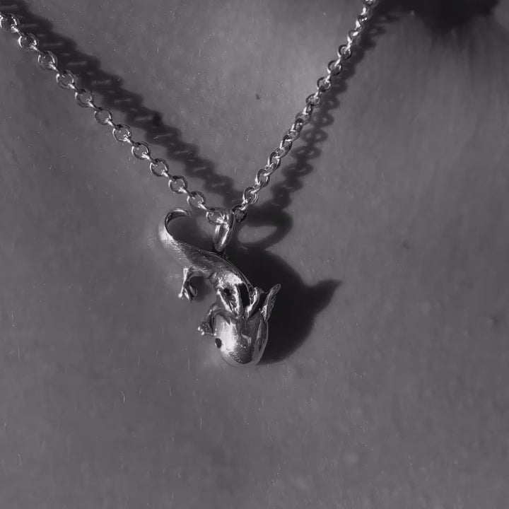 handcrafted axolotl silver pendant, aztec inspired jewelry, made in mexico