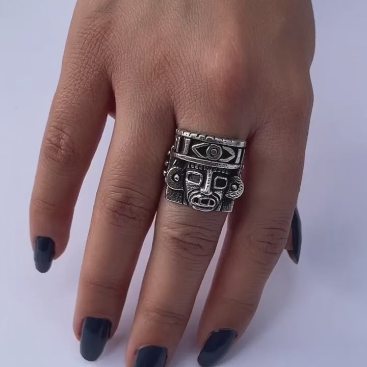 handcrafted aztec god silver ring, authentic aztec jewelry for men