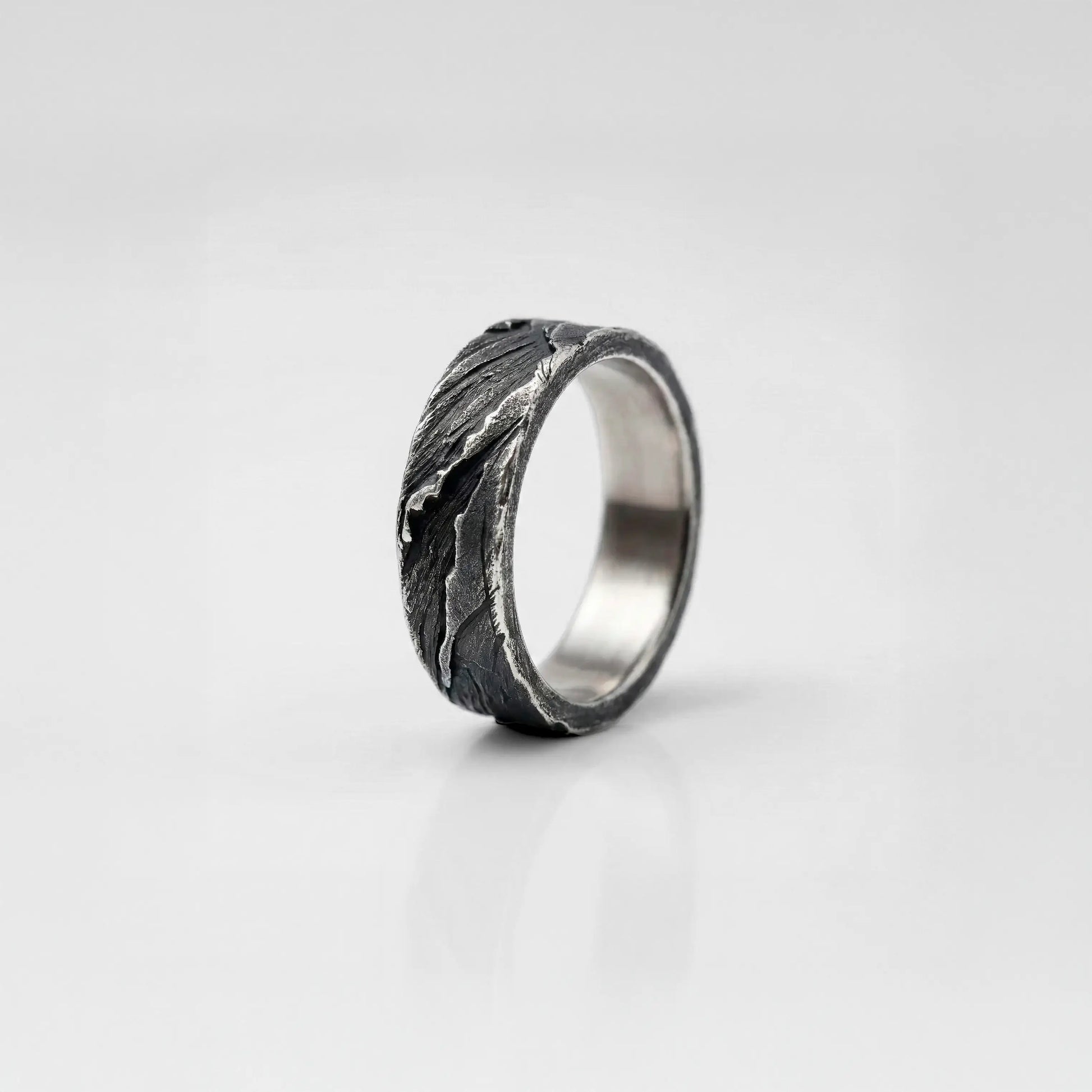 Handcrafted rustic silver ring for men, volcanic lands ring for men