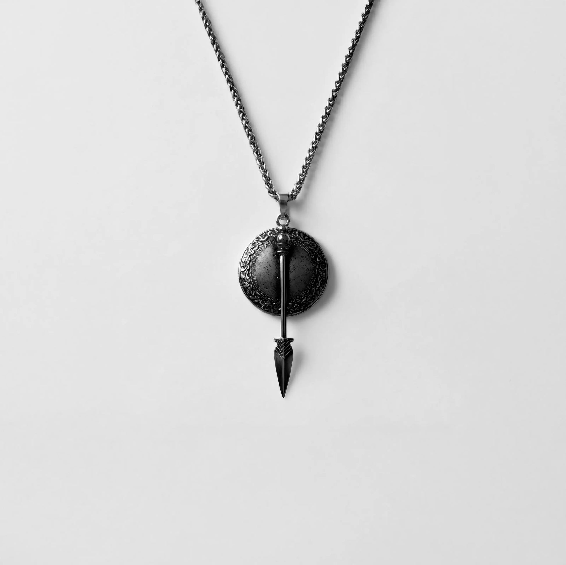 handcrafted roman shield and spear silver neckalce