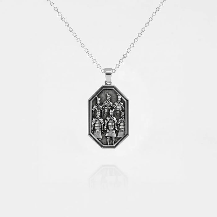 Handcrafted terracota army silver pendant on a white background