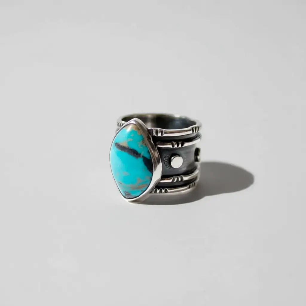 Handcrafted boho silver ring with natural turquoise stone for men, artisanal silver jewelry